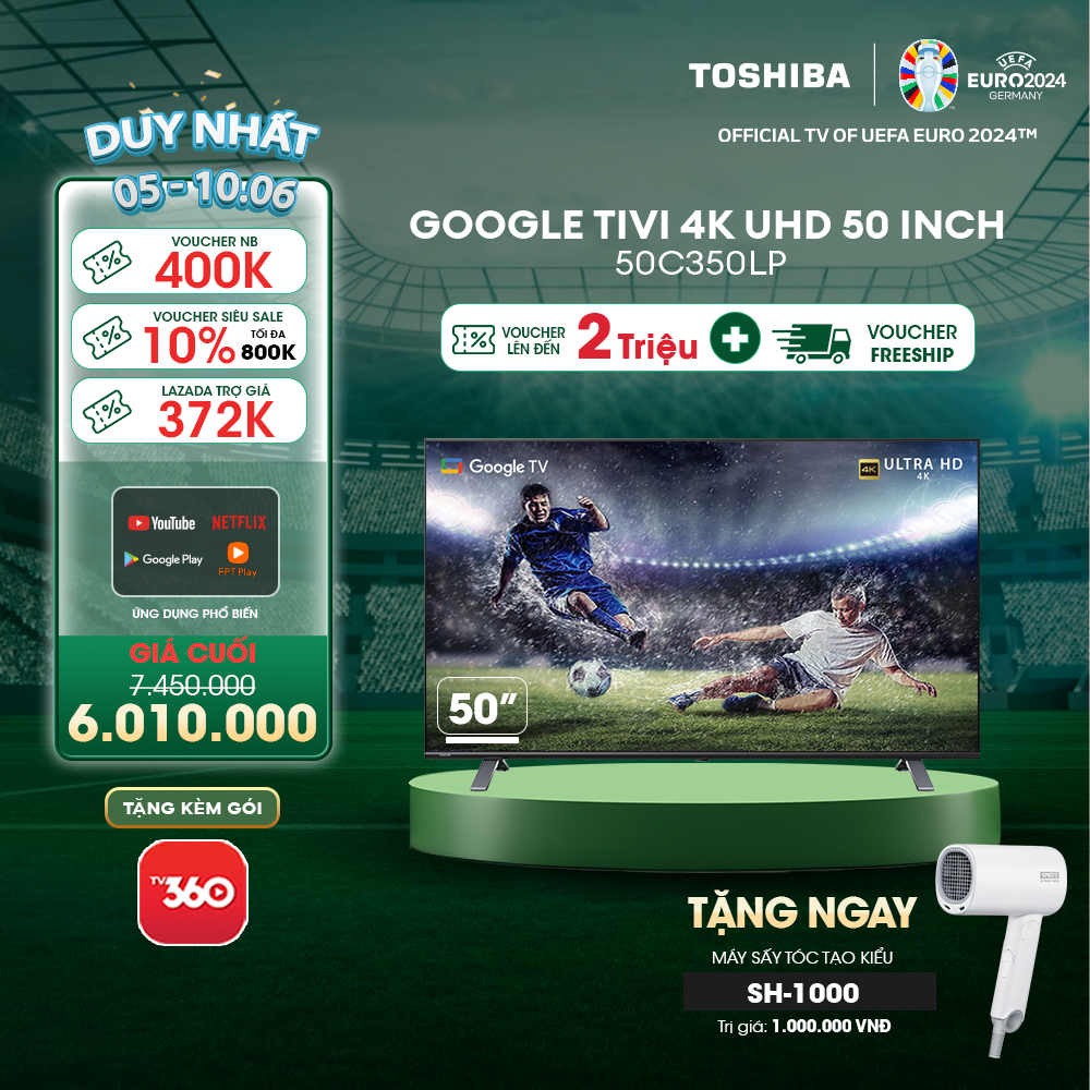 Google Tivi TOSHIBA 50 inch 50C350LP Smart TV Màn Hình LED 4K UHD - Loa 24W - Miễn Phí Lắp Đặt