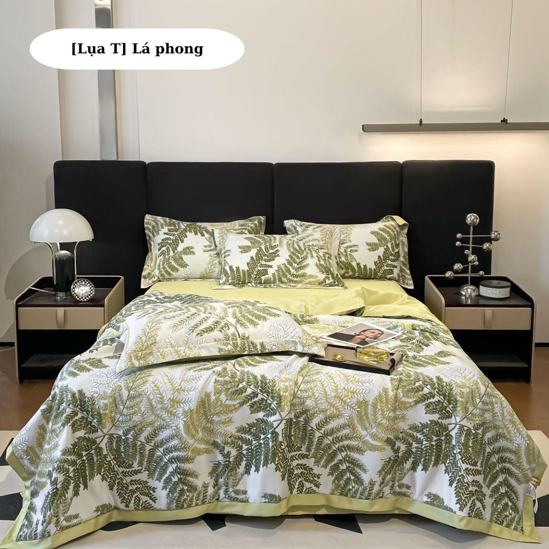 Bộ chăn ga gối lụa thái M2T Bedding - chăn hè chần bông ga giường và 2 vỏ gối nằm - Ga giường bo chu