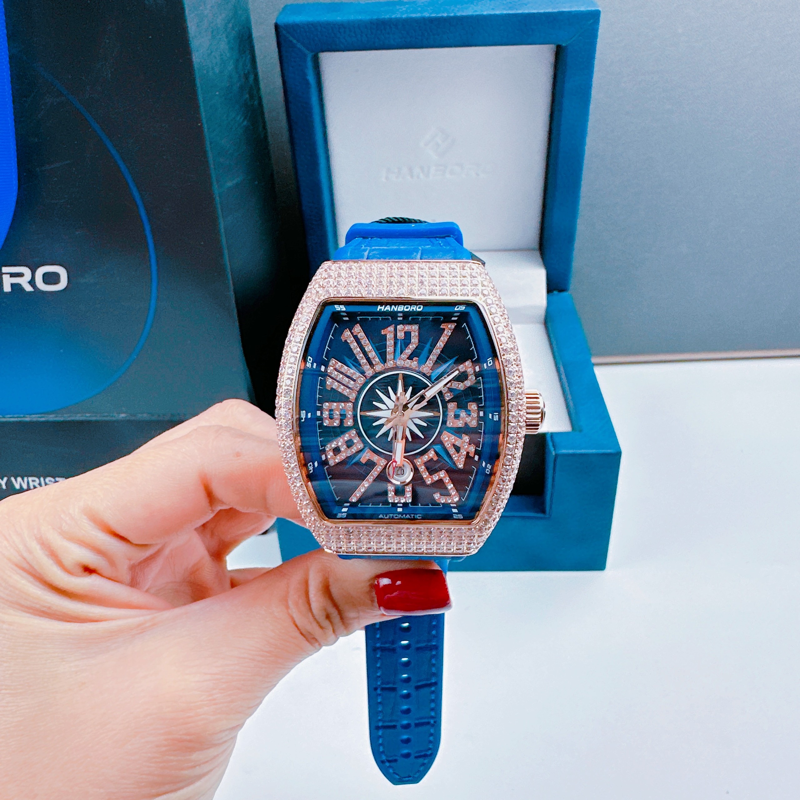 Đồng hồ đeo tay nam máy cơ chính hãng cao cấp dây silicon chống nước Hanboro size 42mm fullbox  shop