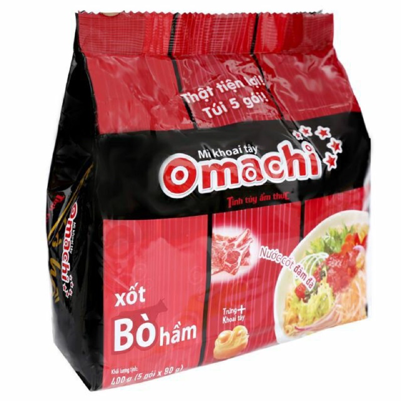 5 Gói Mì Tôm Omachi Xốt Bò Hầm Sườn Hầm Tôm cay chua 80g Spaghetti 90g