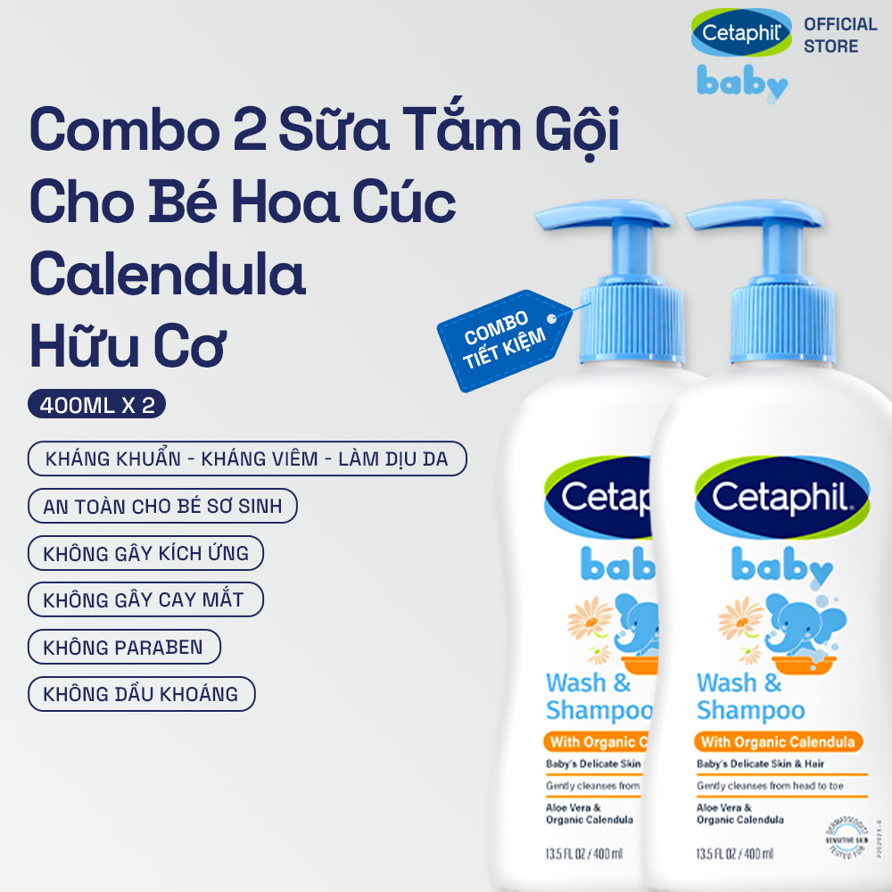 Combo 2 Sữa tắm gội dưỡng ẩm dịu lành cho bé với Calendula hoa cúc hữu cơ CETAPHIL BABY W&SHAMPOO CALENDULA 400ML/Chai