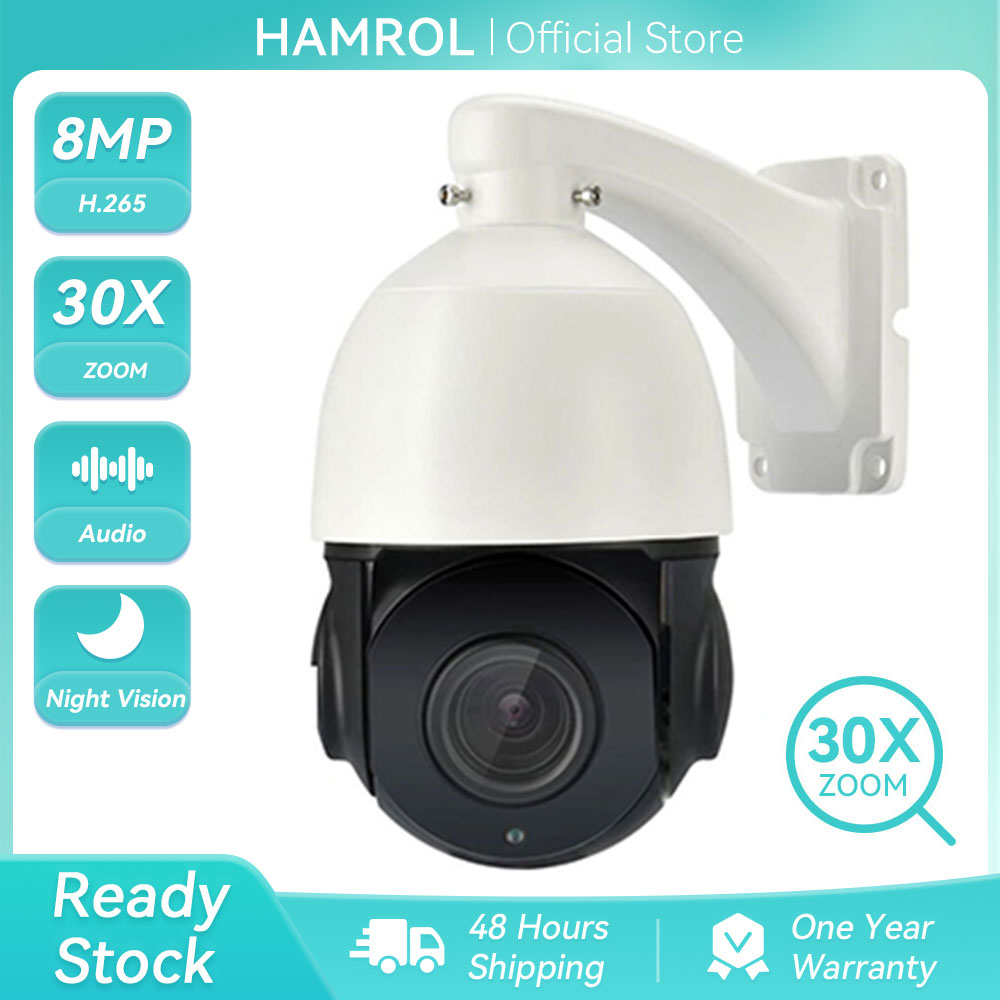 Hamrol 8MP 4K IP Camera POE Outdoor PTZ 30X Zoom SD Card Slot Two Way Audio CCTV Varifocal H.265 Dom
