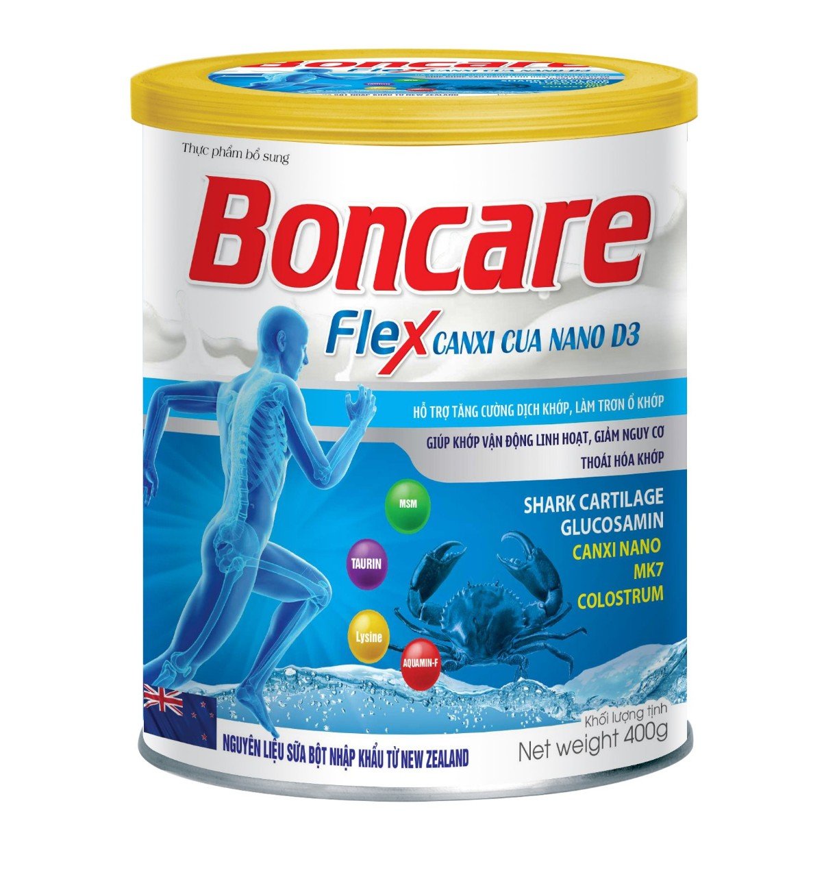 Sữa Bột Boncare Flex Canxi Cua Nano D3 với thành phần sụn vi cá mập glucosamine canxi nano MK7 Hỗ trợ tăng cường dịch khớp làm trơn ổ khớp giảm đau nhức xương khớp giúp khớp vận động linh hoạt- hộp 400g - Nhất Tâm Pharma