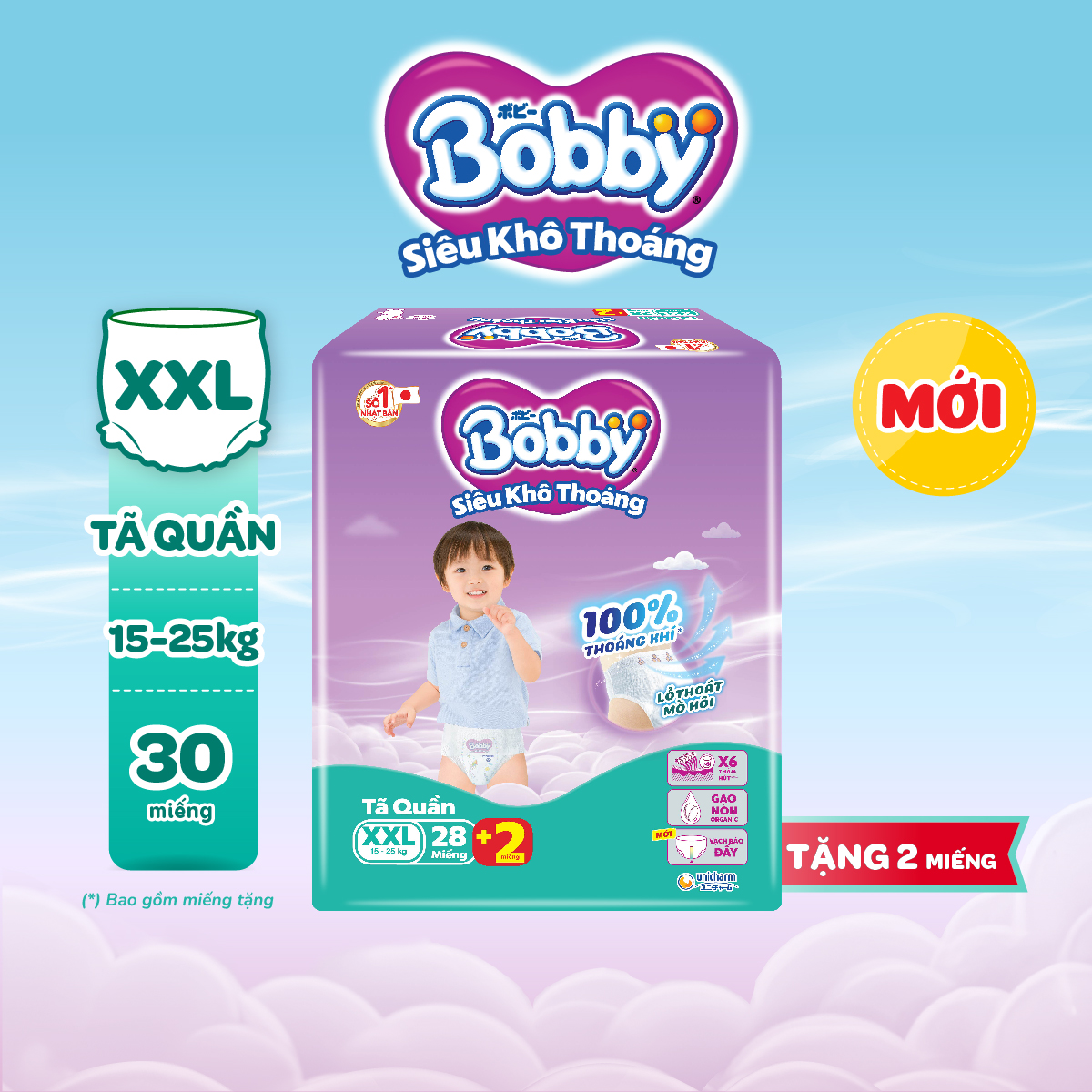[SALE CUỐI THÁNG QUÀ TO] Tã quần Bobby Siêu Khô Thoáng - 100% Thoáng Khí Jumbo XXL28+2/XXL30