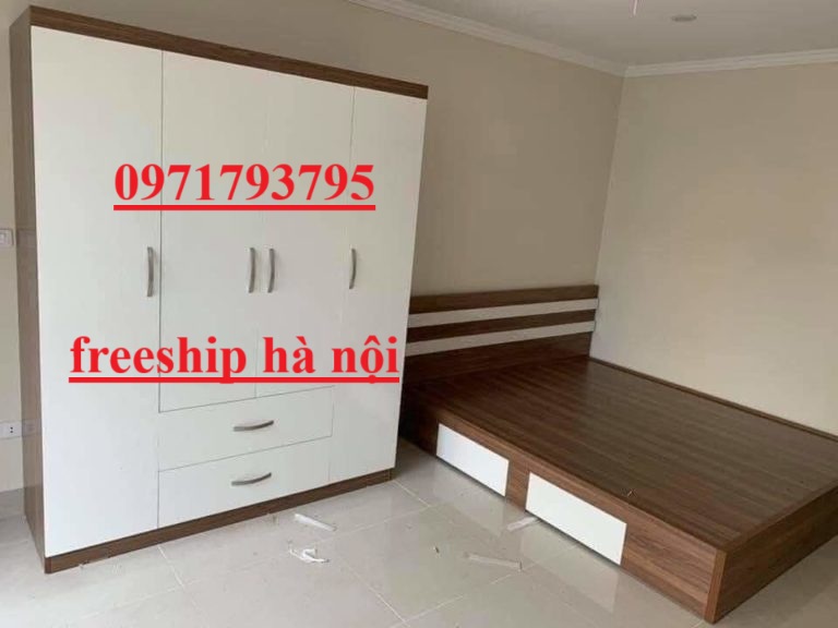 Tủ quần áo gỗ công nghiệp 5 cánh 2mx2m và giường 1m8x2m kèm chỉ trắng ngăn kéo