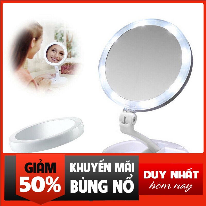[HÀNG LOẠI TỐT] Gương trang điểm để bàn phấn có đèn led sạc kính tròn makeup phóng đại lật 2 mặt xoay 360 độ mini gấp gọn