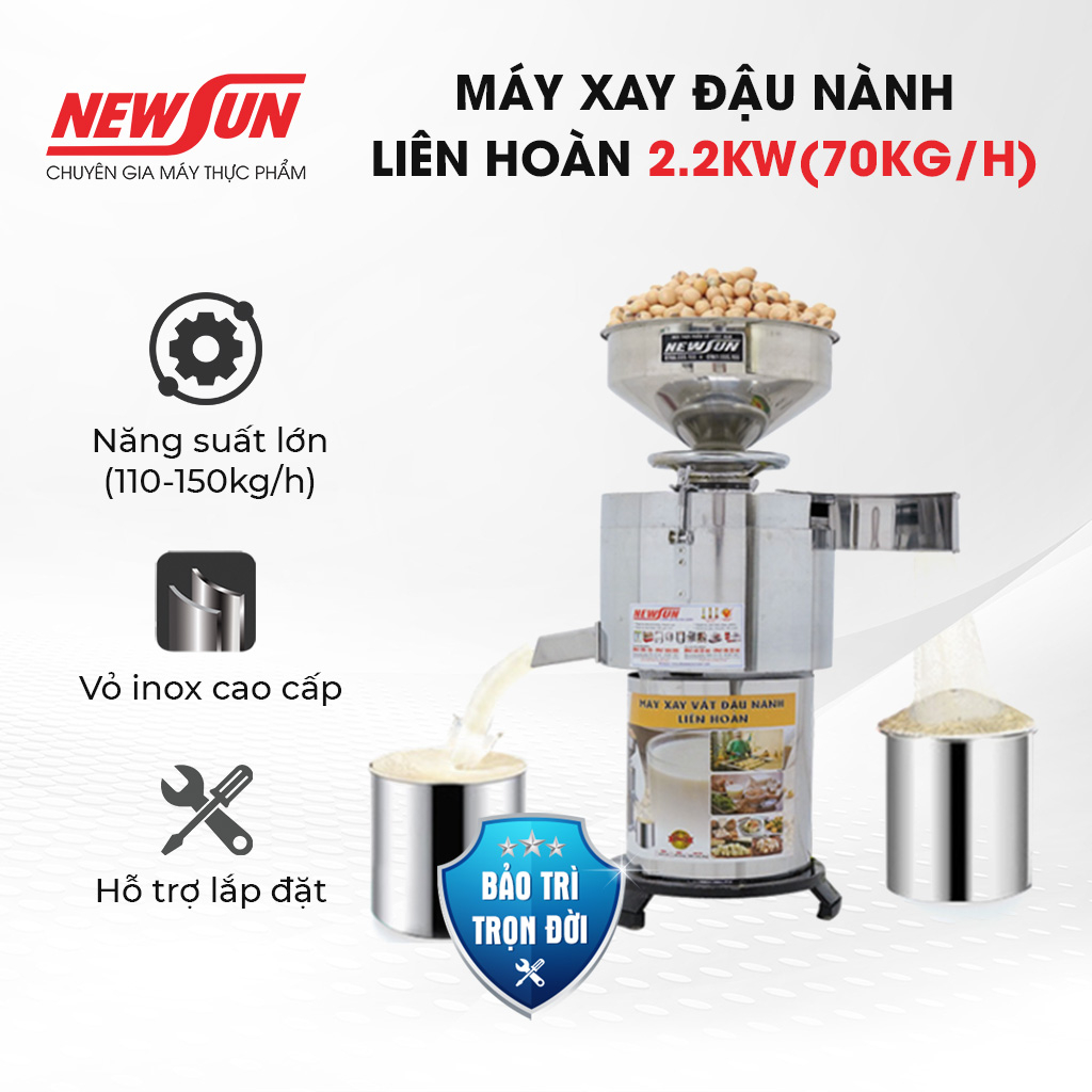 Máy xay đậu nành liên hoàn NEWSUN Công suất 2.2kw(70kg/h) tốc độ vòng quay 2800vòng/ phút Bảo hành 1