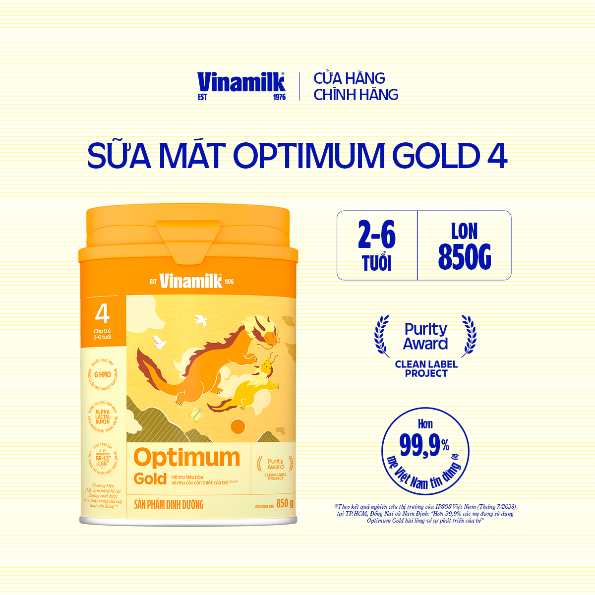 Sữa bột Vinamilk Optimum Gold 4-Hộp thiếc 850g (cho trẻ từ 2- 6 tuổi) - Sữa công thức giúp Tăng cân