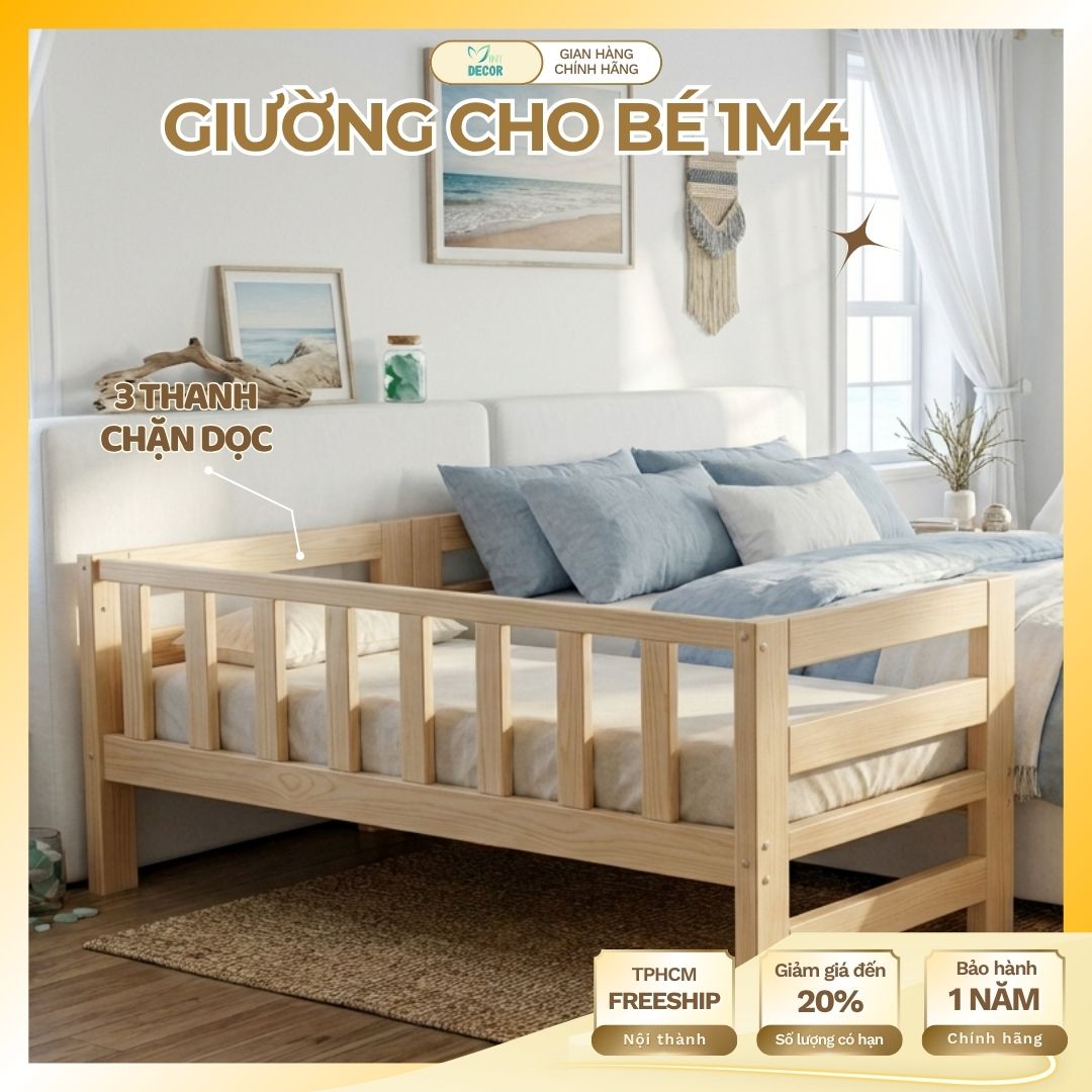 Giường Ngủ Cho Bé 1m4 Đầu Giường / Thanh Chắn / Cầu Thang - Giường Ghép với Bố Mẹ Gỗ Thông Bền Đẹp