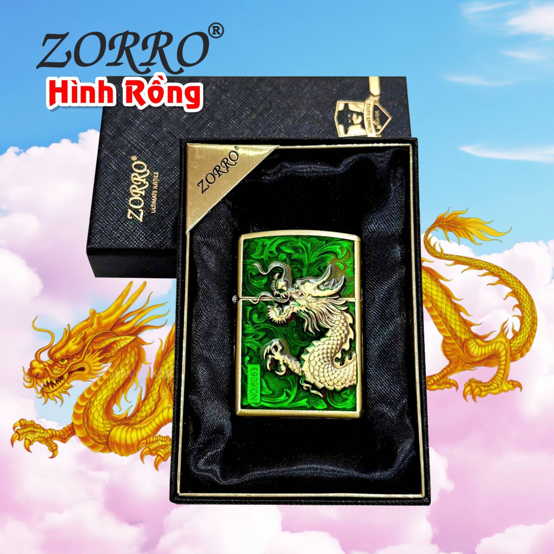 HỘP QUẸT BẬT LỬA ZIPPO ZORRO XĂNG ĐÁ KHẮC DẬP NỔI 6 MẶT HÌNH RỒNG PHỦ BÓNG