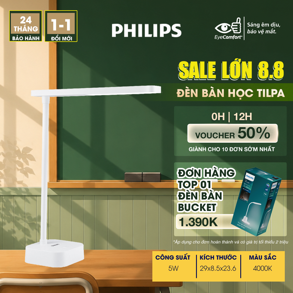 Đèn bàn học PHILIPS bảo vệ mắt DSK212 Tilpa PT 5W 4000K - Điều chỉnh độ sáng êm dịu cho đôi mắt khỏe đẹp