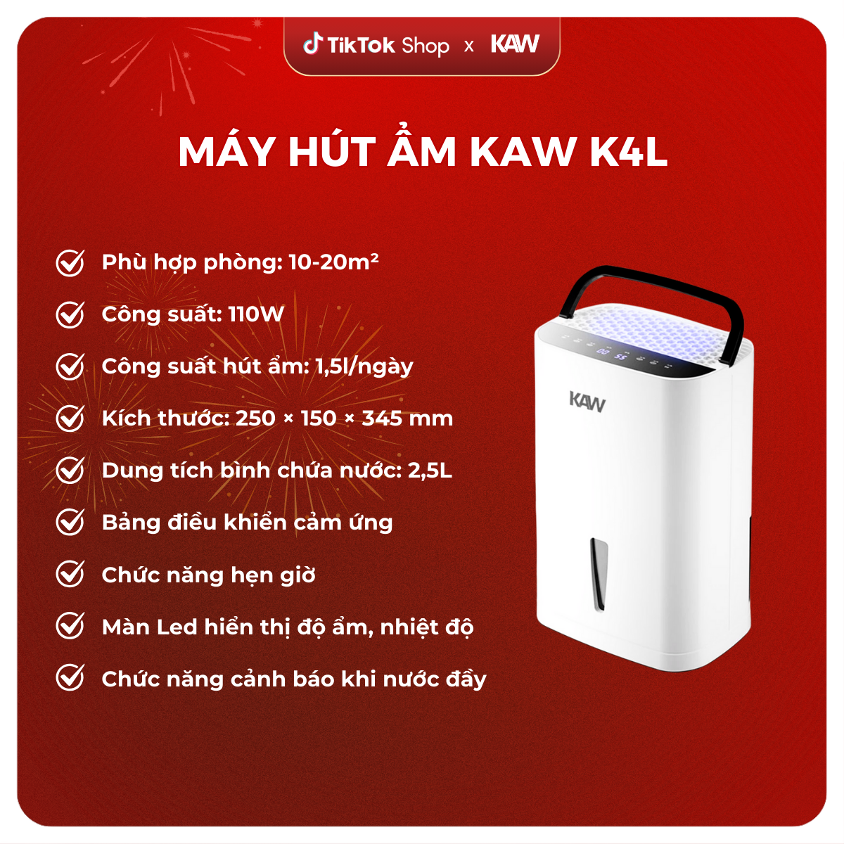 Máy Hút Ẩm Lọc Không Khí KAW-K4L 2IN1, Công Nghệ Máy Nén, Bảng Điều Khiển LED Dễ Sử Dụng, Kích Thước 350x250x150mm