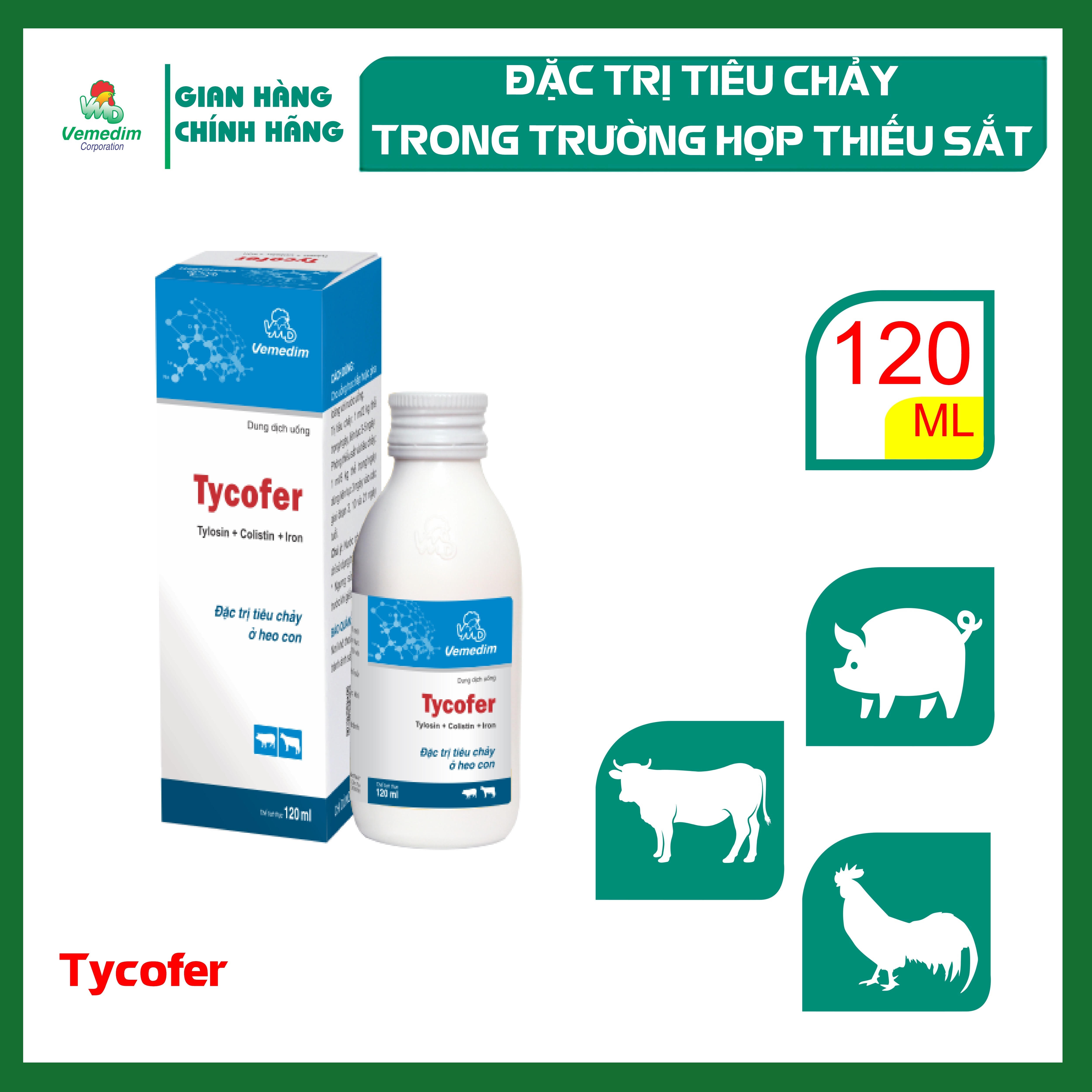 "Hoàn tiền đến 10%" Vemedim Tycofer phòng thiếu sắt ngừa tiêu chảy cho heo con chai 120ml