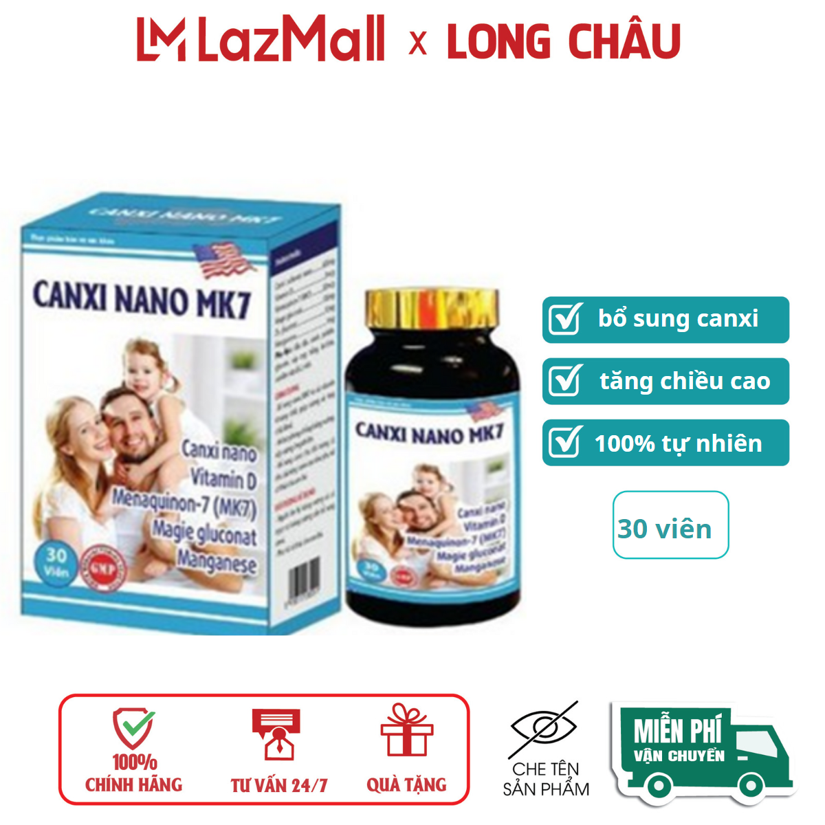 Viên uống Canxi Nano MK7 D3 Glucosamin giúp bổ sung canxi giảm nguy cơ loãng xương – Lọ 30 viên