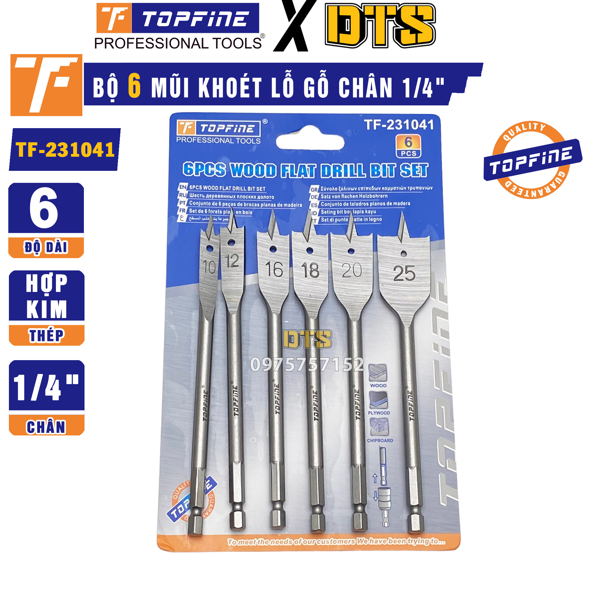 Bộ 6 mũi khoan khoét lỗ gỗ đuôi cá TOP FINE 10-25mm chân lục giác 1/4" | Mũi khoét đa năng đục lỗ vá