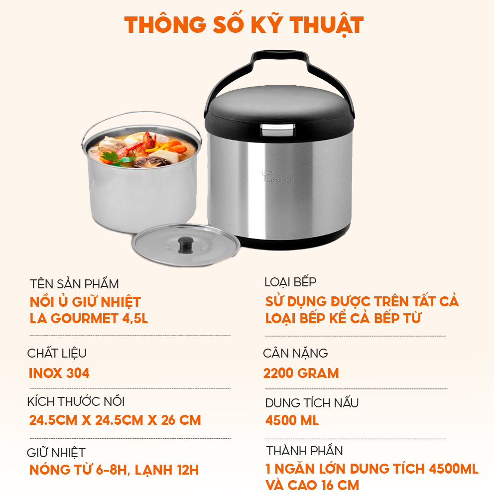 Nồi ủ giữ nhiệt La Gourmet 326065 - Dung tích 4.5L, màu xám