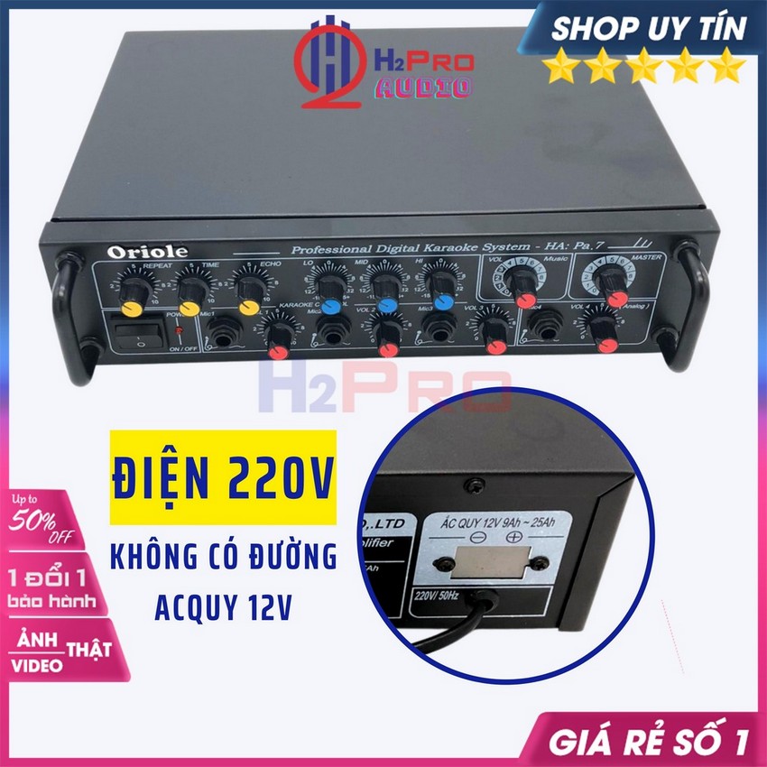 Âm Ly Mini Oriole Pa7 Công Suất Lớn 250W Dùng Loa Phóng Thanh 4 Sò Lớn 4 Đường Mic 12V-220V Tặng Dây