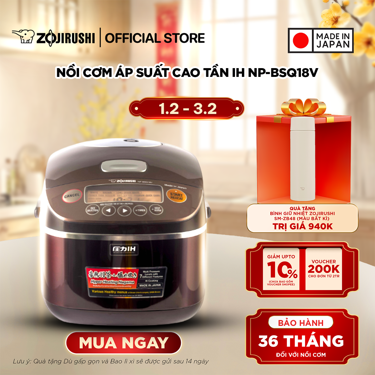 Nồi Cơm Điện Áp Suất Cao Tần Zojirushi Cao Cấp - Hệ Thống AI Thông Minh Dung tích 1.8L Chất Lượng Nh