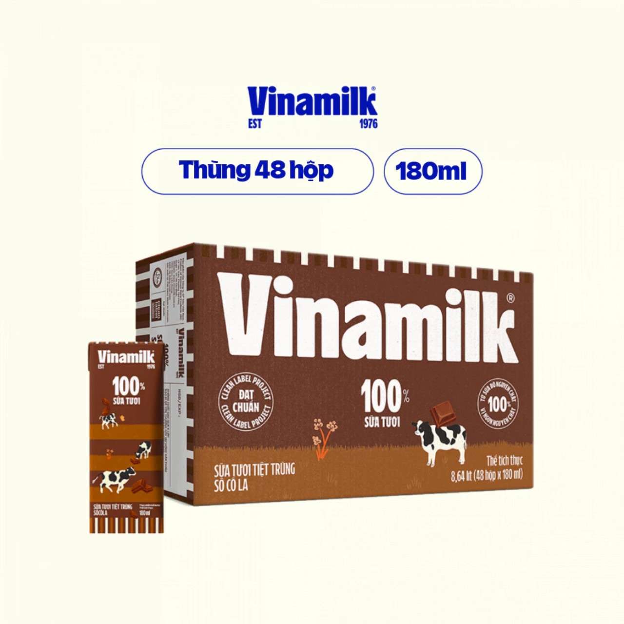 [Mẫu Mới] Thùng 48 Hộp Sữa Tươi Vinamilk 100% Socola 180ml.