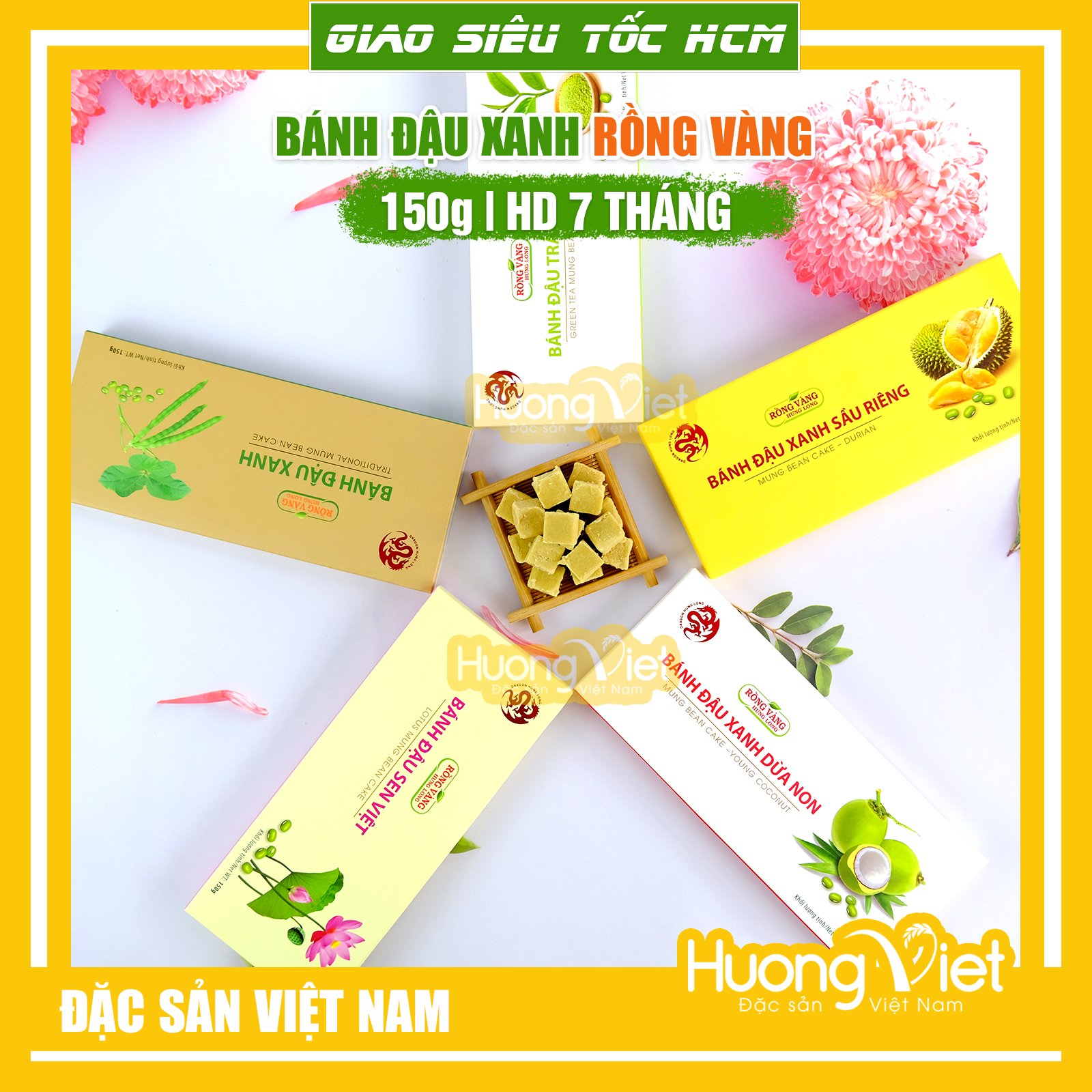 Combo 5 hộp 5 vị bánh đậu xanh Rồng Vàng Hưng Long 150gr bánh đậu xanh Hải Dương đặc sản miền Bắc