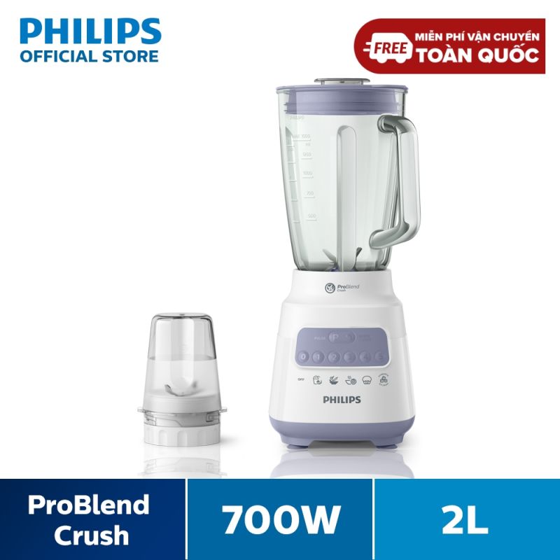 Máy Xay Sinh Tố Philips HR2222/00 (Trắng)|700W| - Cối Thủy Tinh 1.5L- Đi Kèm Cối Xay Gia Vị Nhỏ - 5 Tốc Độ Cài Đặt Sẵn - Nghiền Mịn Đá Nhanh Gấp 2 Lần - Hàng Phân Phối Chính Hãng
