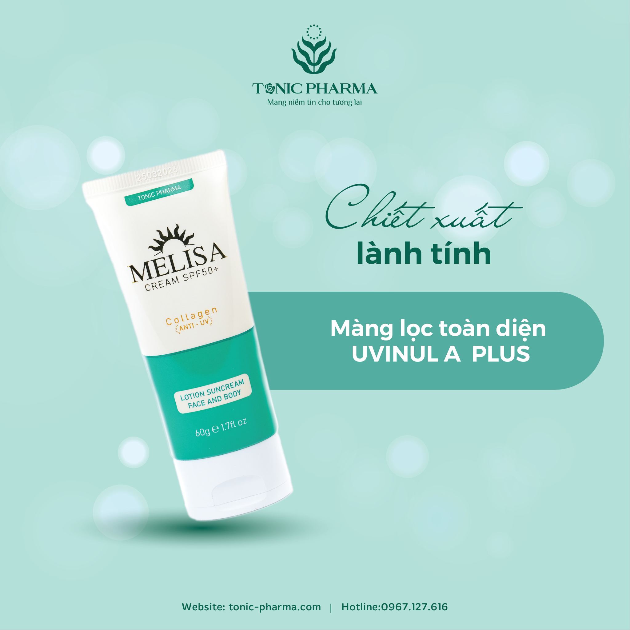 Kem chống nắng MELISA  Cream SPF 50+ Collagen PA++++ -  Tonic Pharma  -  Không Bết Dính Không Bóng Dầu - 60ml