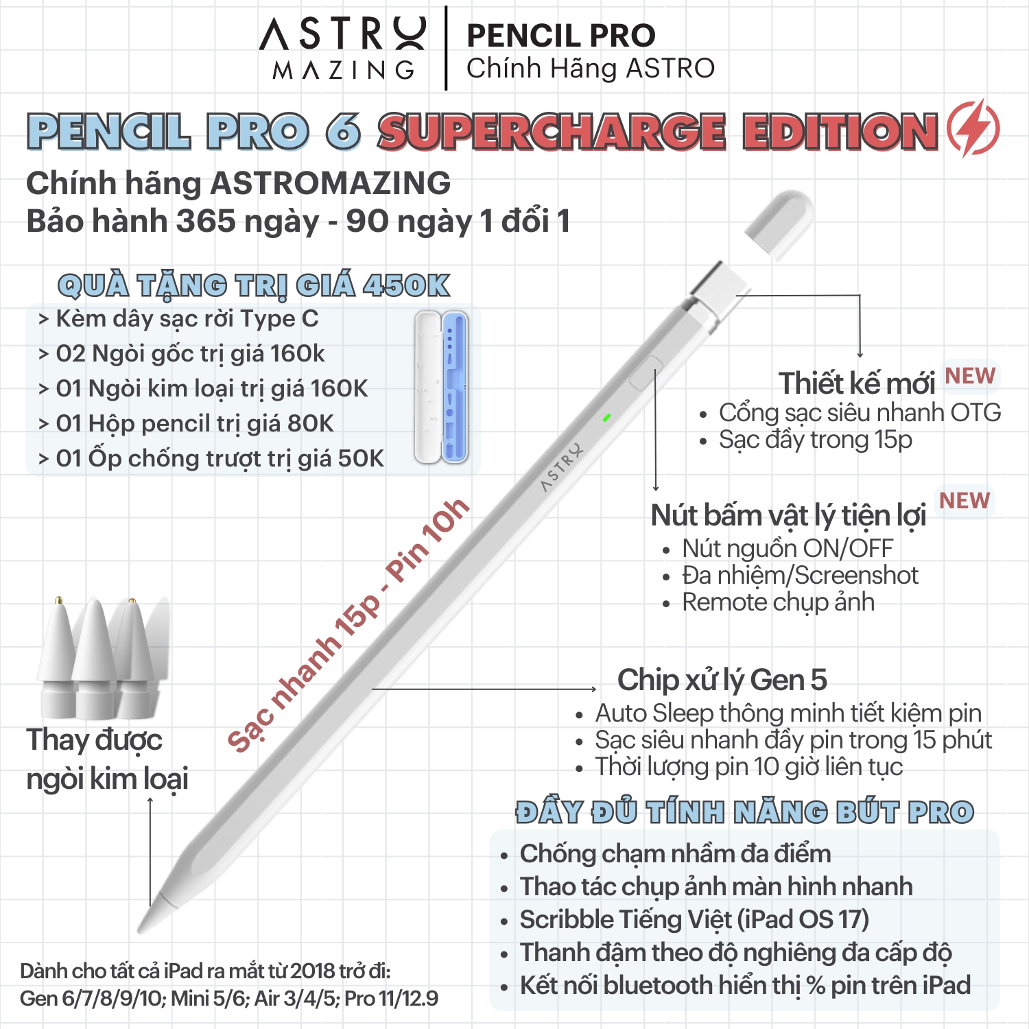 [Pencil Pro] Bút cảm ứng iPad Pencil Pro 5 Stylus AstroMazing cho Pro 11 129 Gen 8 9 10 Air 4 5 6 M1