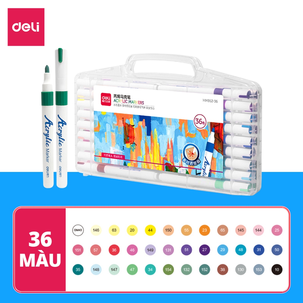 Bút Sơn Bút Màu Acrylic Marker 2 Đầu Cao Cấp Deli - Kèm Hộp Nhựa - 12/24/36/48 Màu Đậm Đều - Tô Màu 