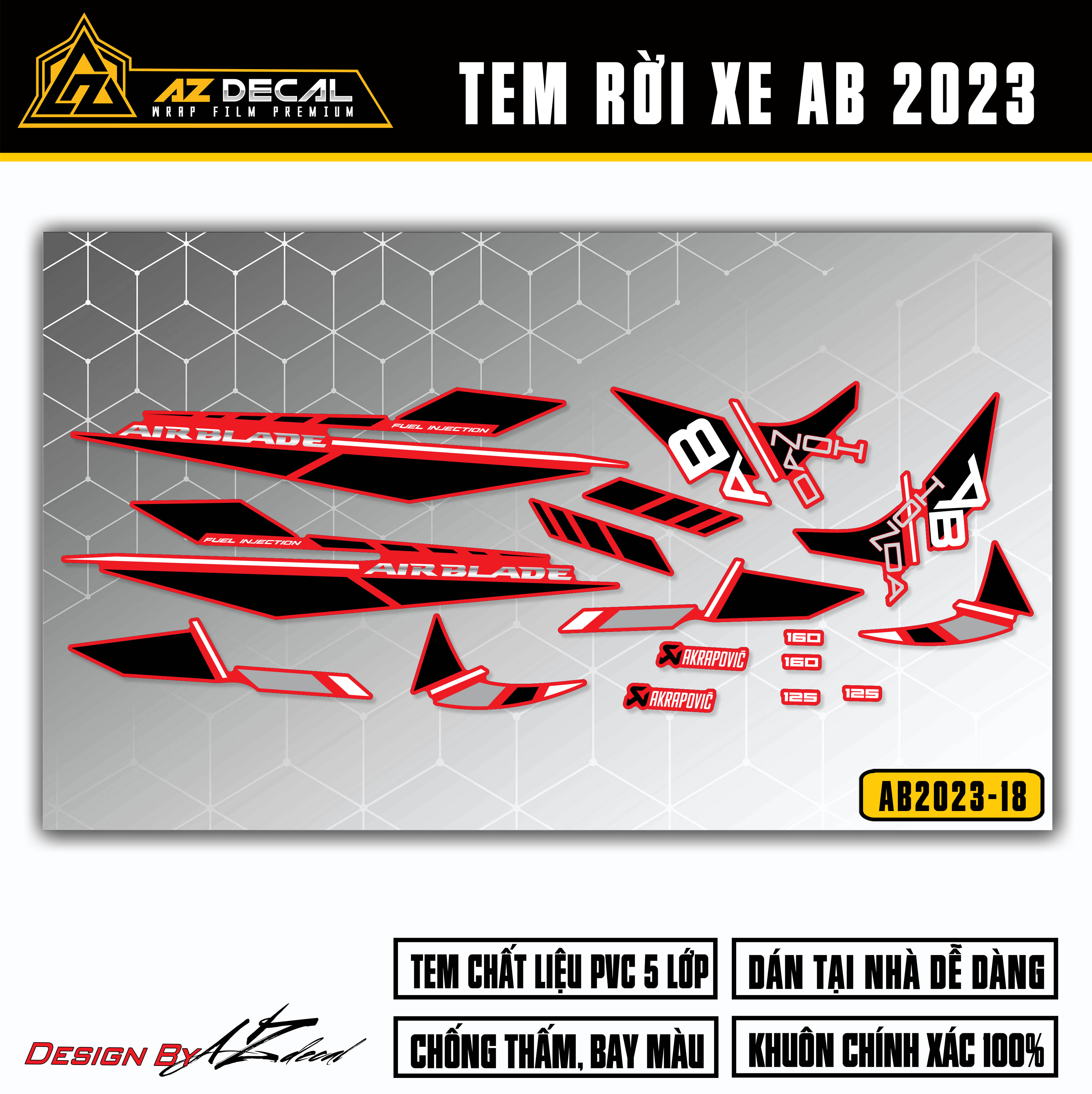 Tem AirBlade 2023 Mẫu Honda Akrapovic | AB2023-18 | Team Decal Hình Dán Xe Máy AB Air Blade 125 160 