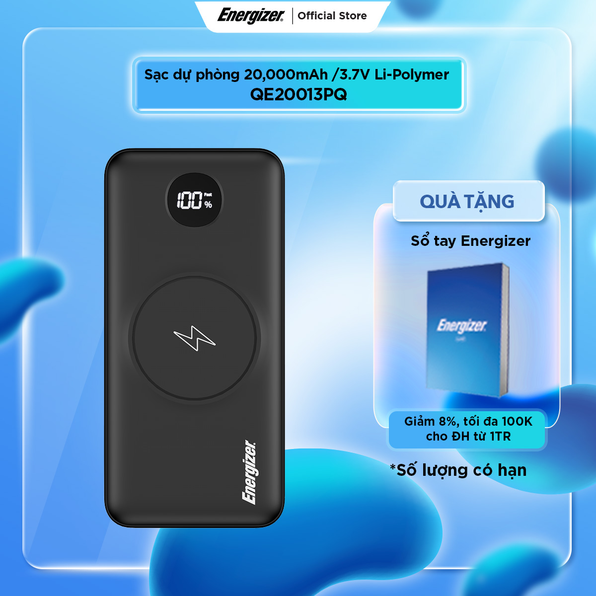 Pin dự phòng Energizer 20000mAh QE20013PQ/ Qe20009PQ - 3 cổng sạc tiện lợi tích hợp sạc nhanh đa nền