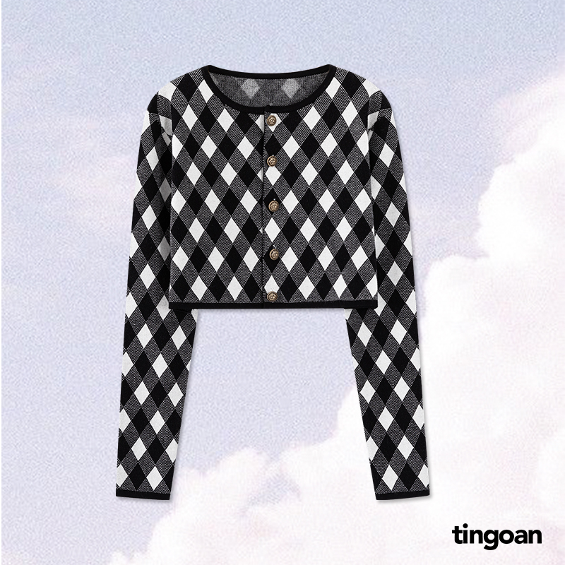 TINGOAN® - Áo cardigan set len crop kẻ quả trám tặng kèm quây đen LOVE YOU BACK CARDIGAN/BL