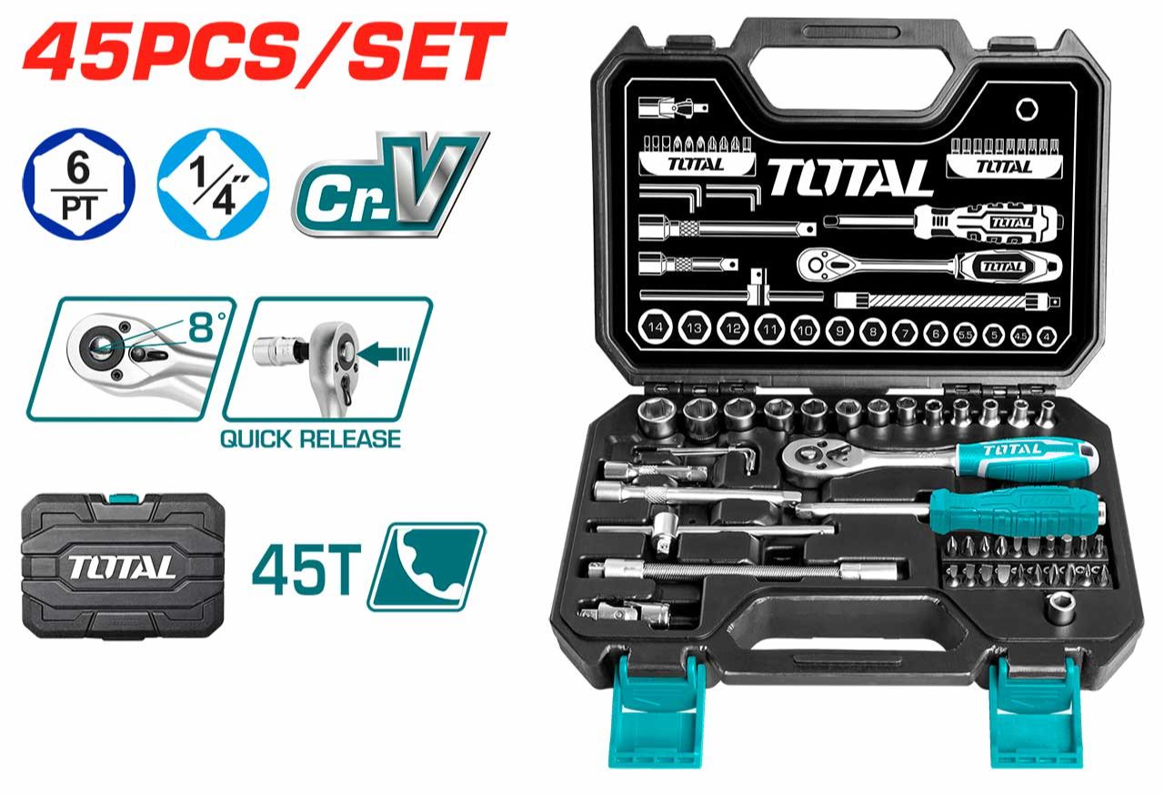 Bộ đầu tuýp TOTAL gồm 20 - 45 chi tiết Socket 1/2 - 1/4 inch Bộ đồ nghề sửa xe máy siết bulong chính