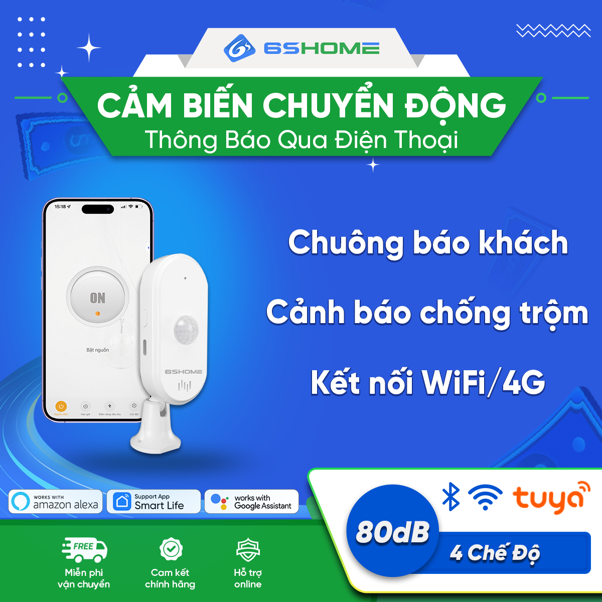 Cảm Biến Chuyển Động Wifi Thông Minh 6SHOME Báo Khách Ban Ngày Chống Trộm Ban Đêm Điều Khiển Từ Xa Q