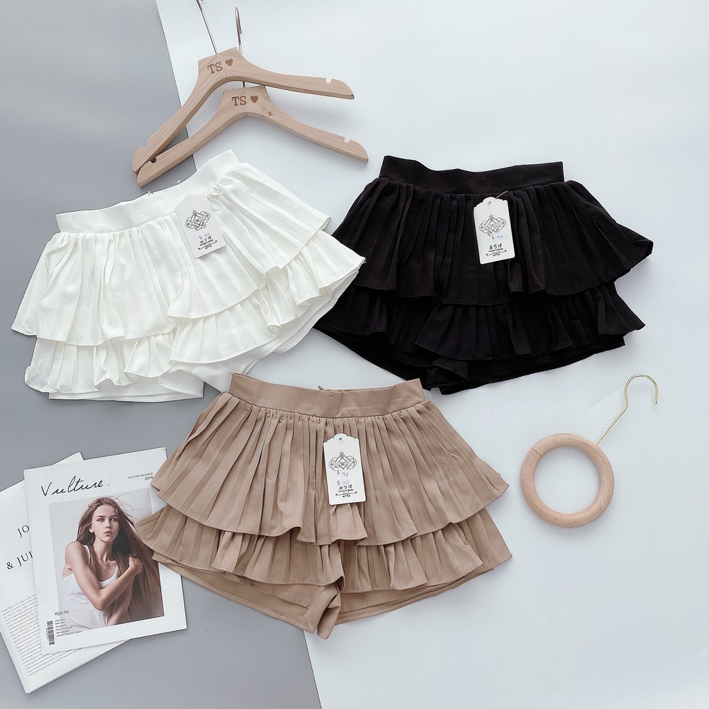 Chân váy ngắn xếp ly tiểu thư có khóa kéo chân váy xòe 2 tầng xếp ly phồng thời trang