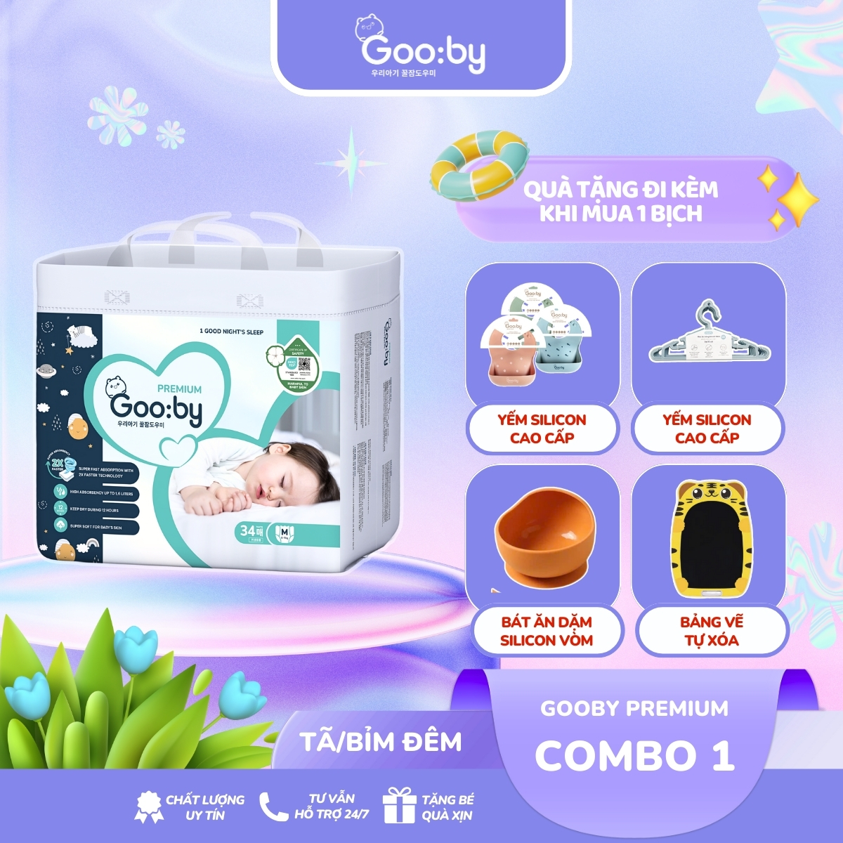 Tã/bỉm quần dán Gooby Premium - Chuyên gia bỉm đêm chống trào đến 12h size M/L/XL/XXL cho bé từ 6kg - 24kg