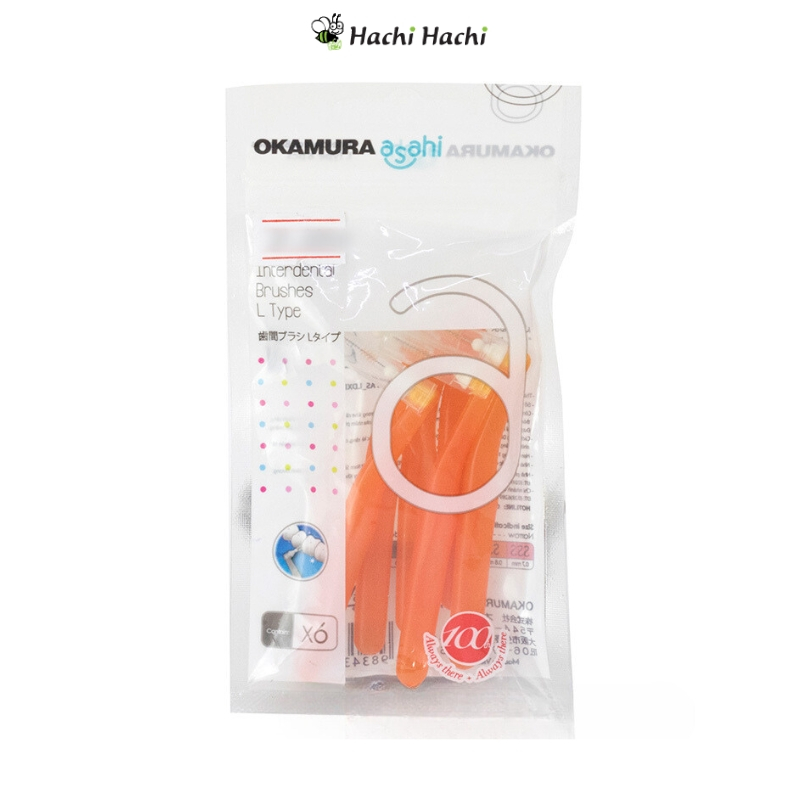 Bàn chải kẽ răng Okamura Asahi hình L 6 cái màu cam (SS) 0.8mm - Hachi Hachi Japan Shop