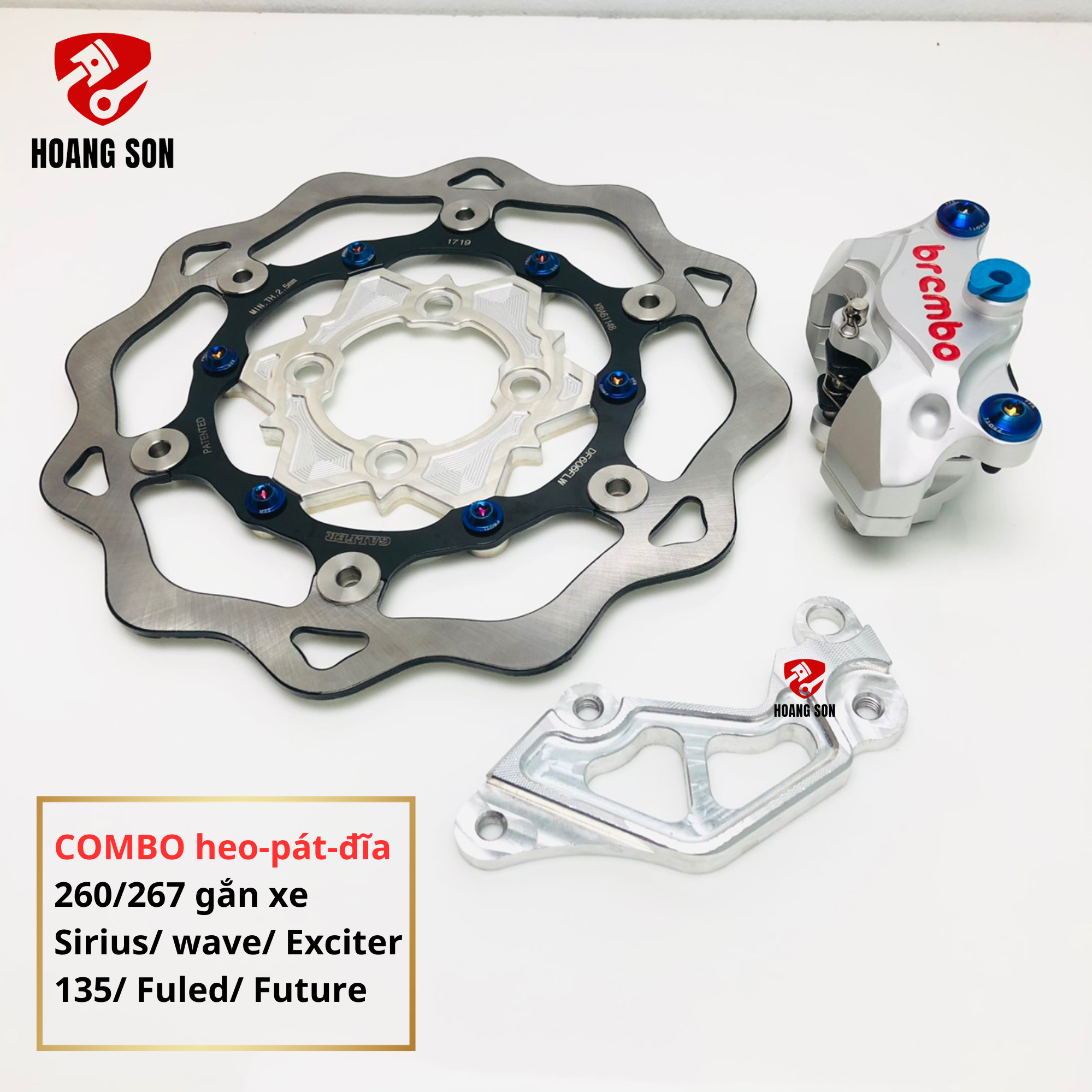 COMBO heo pat đĩa Sirius/ Wave/ Fuled/ Future/ Ex135 gồm heo brembo 2 pis-đĩa 260/267 4 lỗ-pat heo b