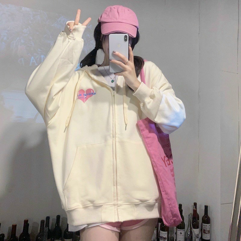 [Free Ship 2024] Áo khoác nữ hoodie zip dáng rộng phối khóa keo màu kem dễ thương phong cách Nhật Bản thời trang trẻ trung năng động