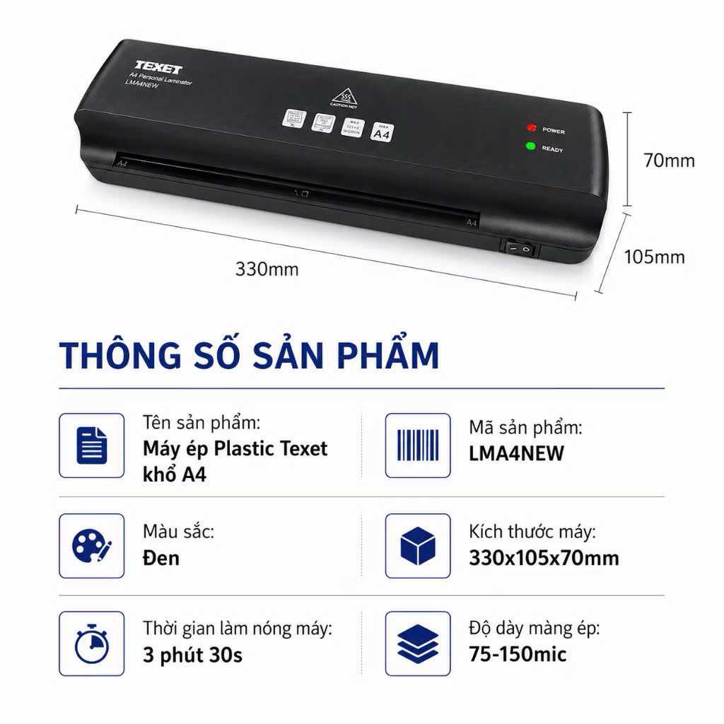 Máy ép nhựa khổ A4 Texet LMA4NEW (model 2026) (Bảo hành 12 tháng)