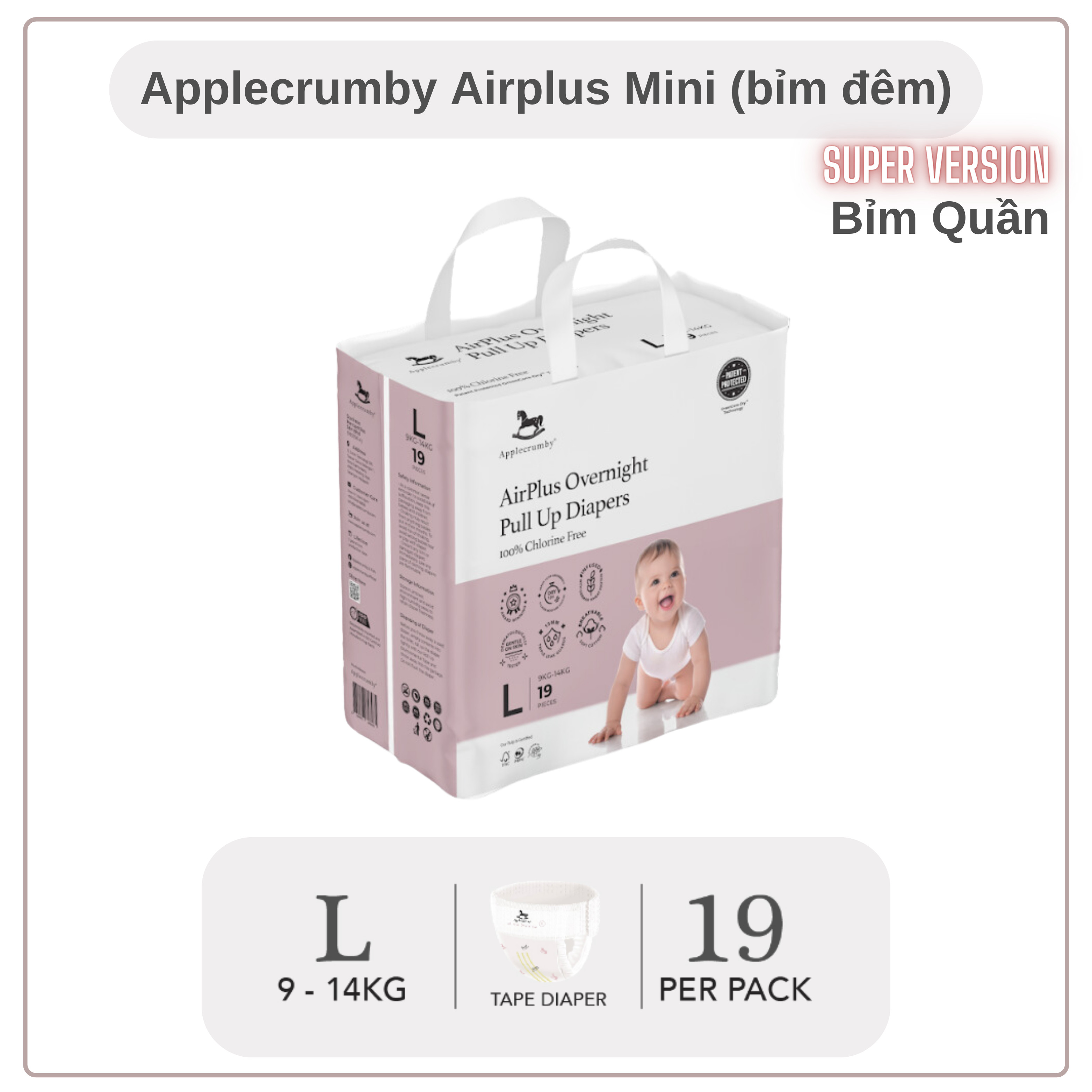 Bỉm dán/quần APPLECRUMBY AirPlus Overnights Mini (Bỉm Đêm) Malaysia cao cấp cho bé siêu mềm siêu thấ