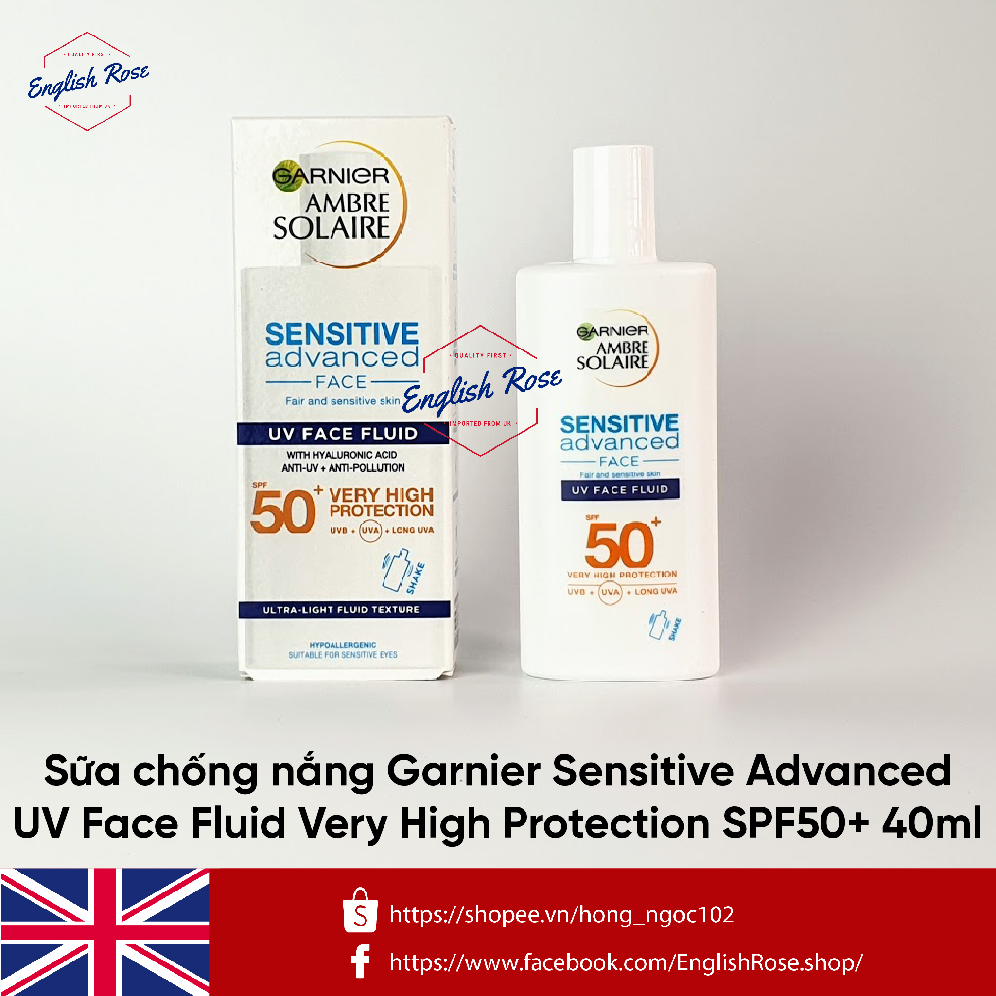 [Hcm]Sữa Chống Nắng Ráo Mặt Nội Địa Uk Garnier Ambre Solaire Ultra - Light Sensitive Sun Protection Fluid Spf50+ 40Ml