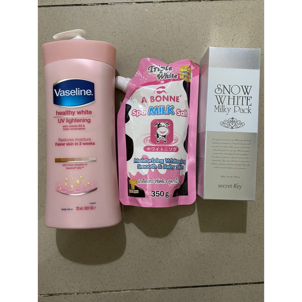 Combo Dưỡng Thể Vaseline + Kem Tắm Trắng Snow White Secret Key + Muối Tẩy Tế Bào Chết A Bonne