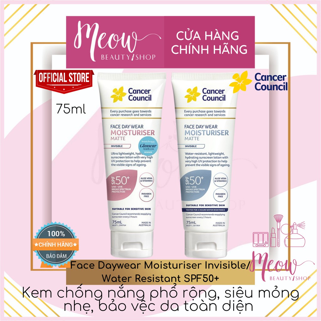 [Hcm]Cancer Council - Kem Chống Nắng Phổ Rộng Face Daywear Moisturiser Invisible/ Water Resistant Spf50+ (75Ml)