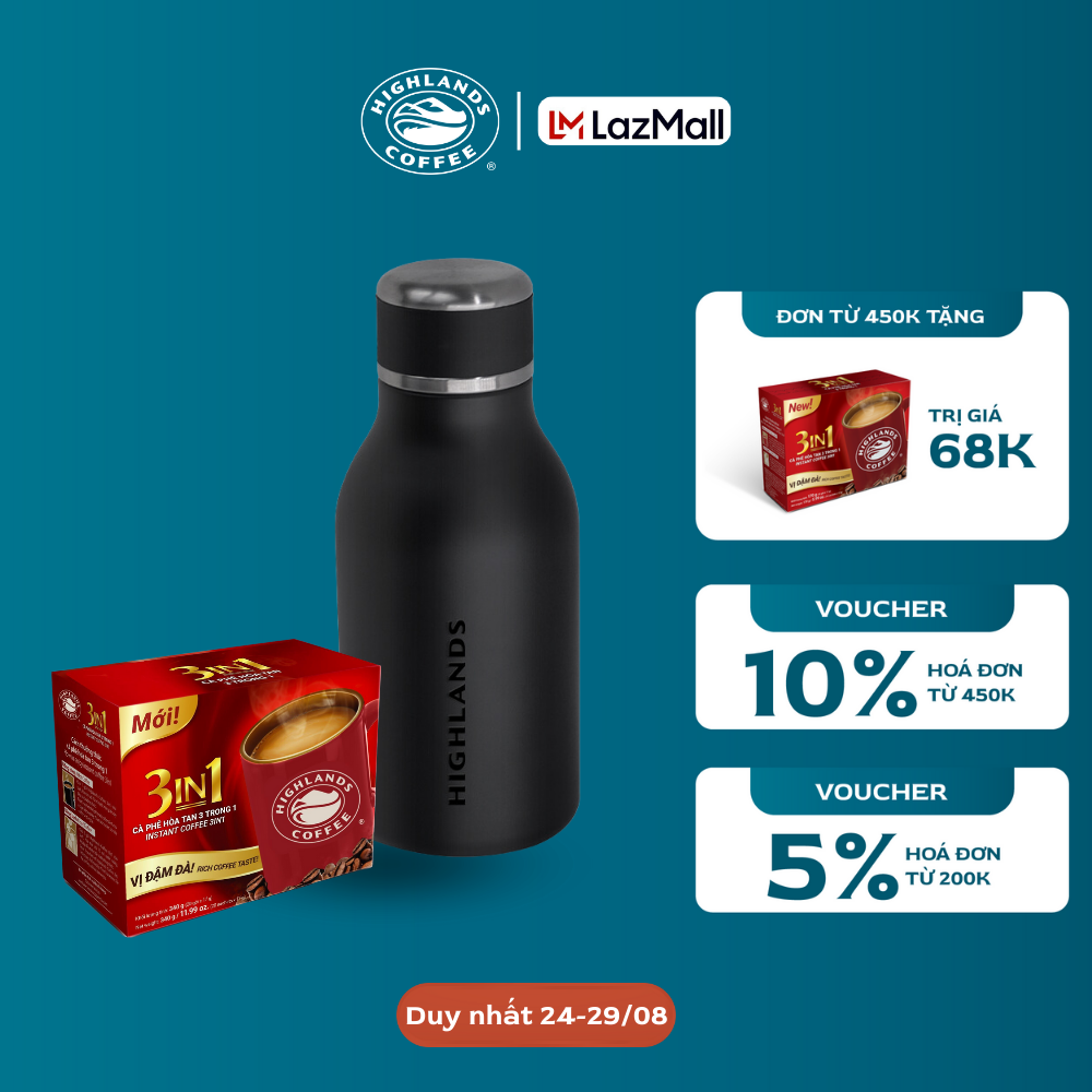 COMBO BÌNH GIỮ NHIỆT HIGHLANDS COFFEE LOGO HẠT CÀ PHÊ MÀU ĐEN 430ML & 1 hộp Cafe 3in1 20 gói