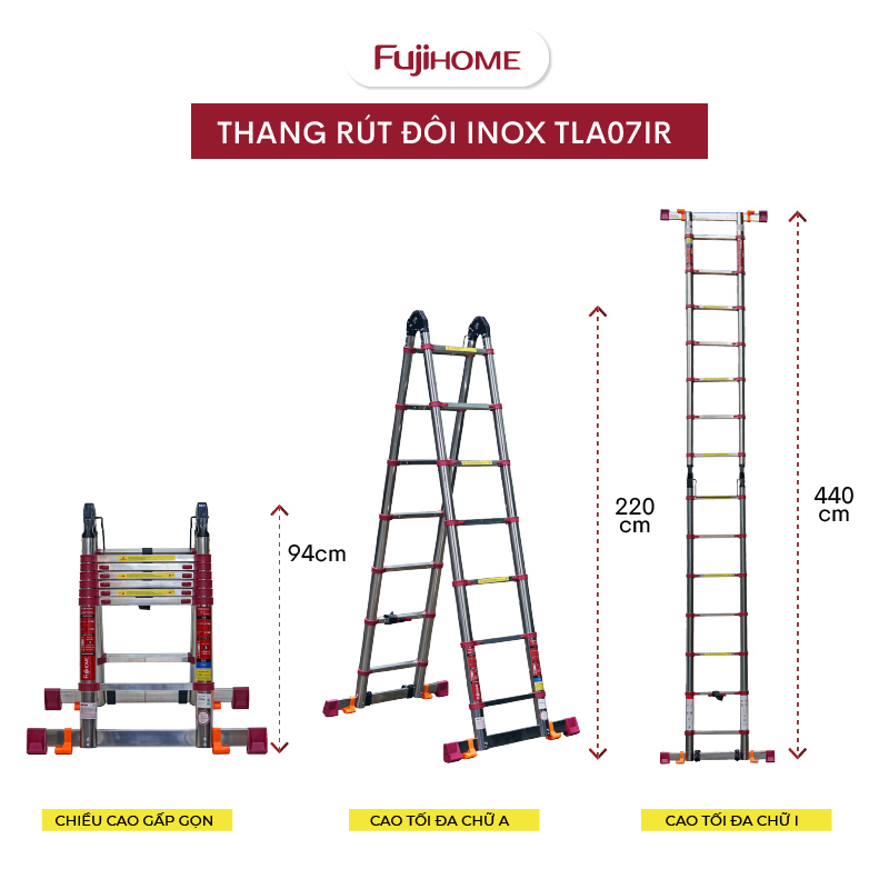 Thang nhôm rút chữ A gấp gọn Nhập Khẩu 44M - 5M chính hãng FUJIHOME thang rút đôi xếp gọn gia đình đ