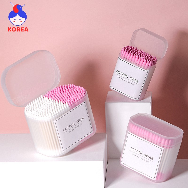 [Hcm]Hộp 200 - 300 Tăm Bông Ngoáy Tai Trang Điểm Cotton Gia Dụng Korea 2 Màu Thân Cứng Cáp