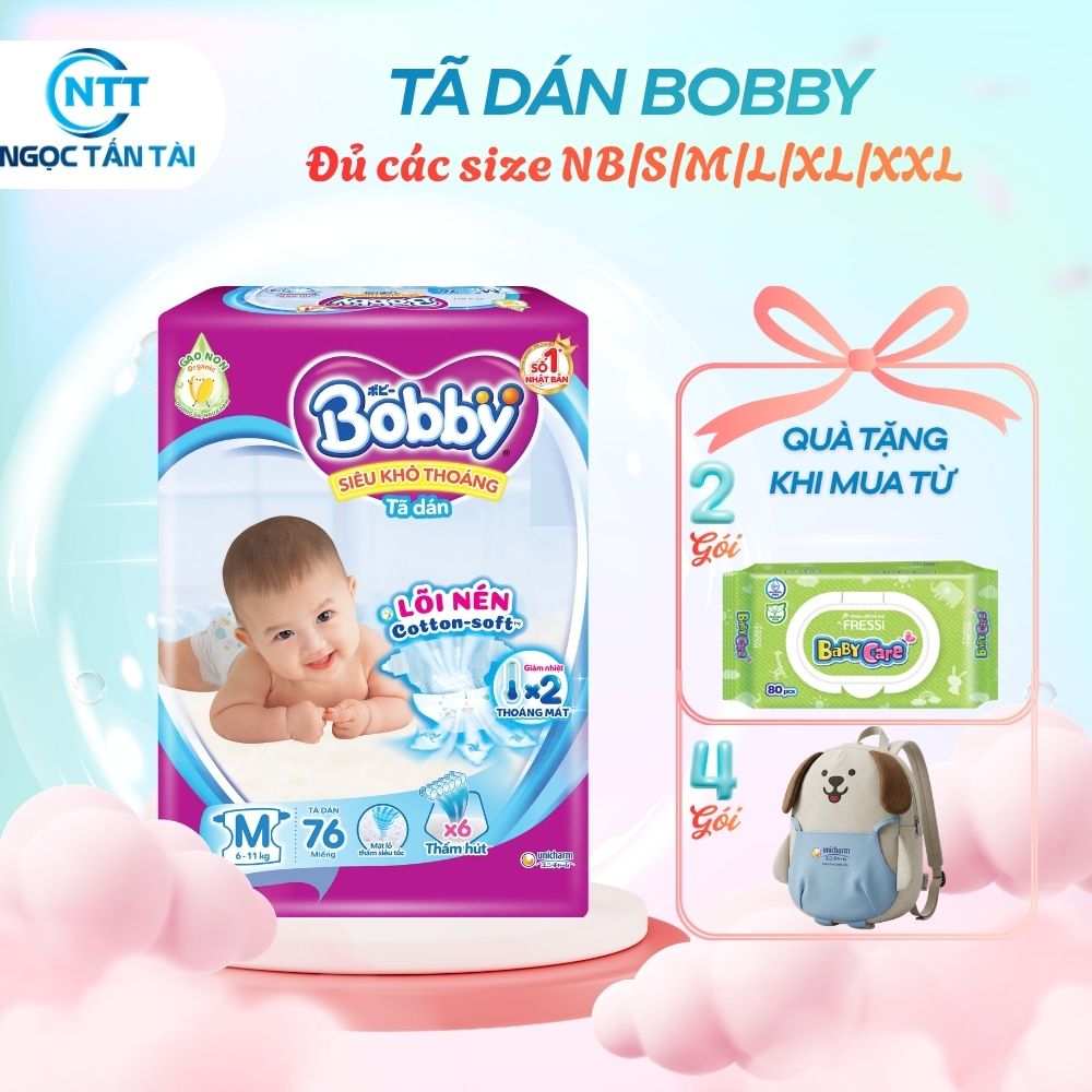 Tã dán Bobby Siêu khô thoáng NB70/S80/M76/L68/XL62/XXL56 mới - Lõi nén cotton-soft 3mm