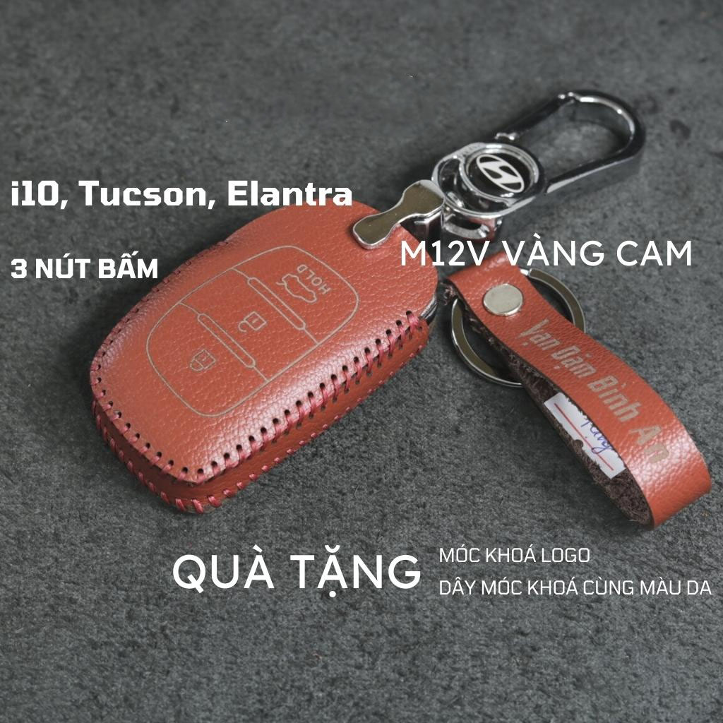 Bao da móc khoá bọc ốp chìa khóa xe ô tô Hyundai i10 Tucson Elantra da bò nhiều màu khâu thủ công