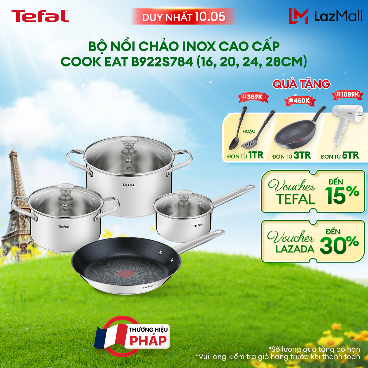 [0H 10/5 NHẬP MÃ TEFALOFF20T5 GIẢM 20%] Bộ nồi chảo Inox 18/10 (Inox 316) chống dính cao cấp Cook Ea