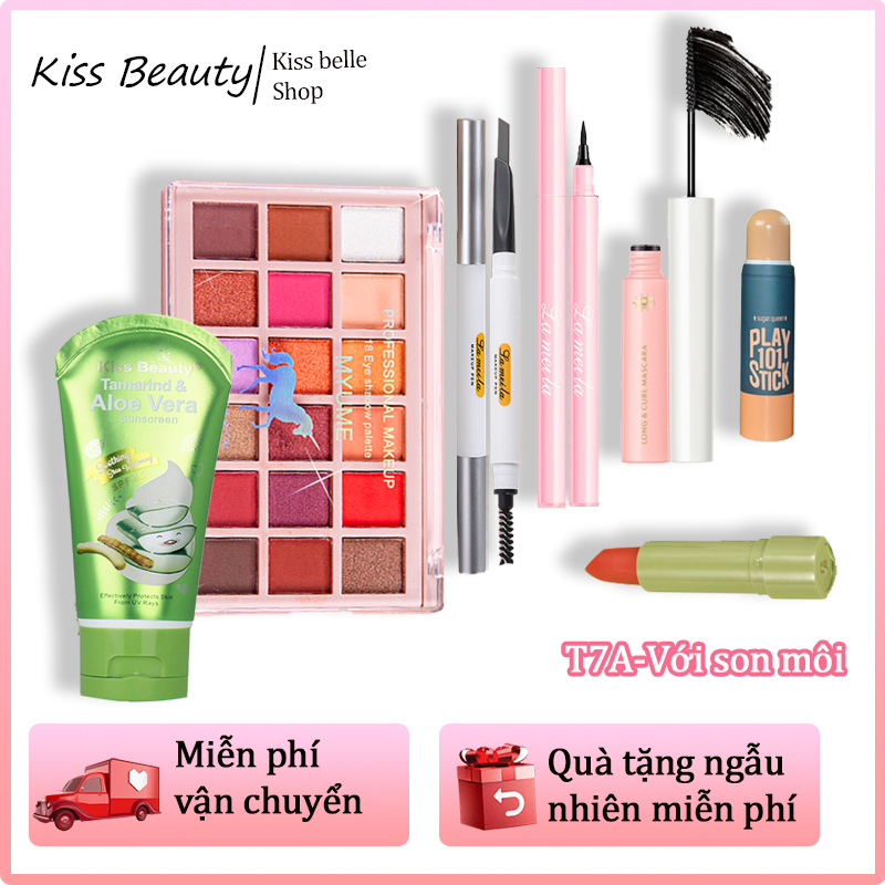 1 bộ 7 miếng combo trang điểm- Bộ trang điểm cho học sinhbộ make up đầy đủ thích hợp cho người mới bắt đầu(Kem nền dạng lỏngBút tạo khối18 màu phấn mắtChì kẻ mày hai đầuKẻ mắtmascaraSon đỏ hoặc Phấn phủ dạng bột)